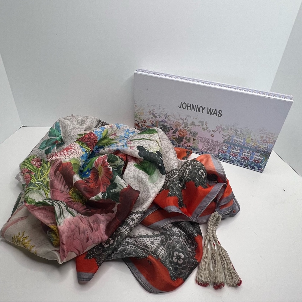 Johnny Was Vibrant Floral Scarf with Orange and Grey Border Tassels on Corners - Picture 5 of 9